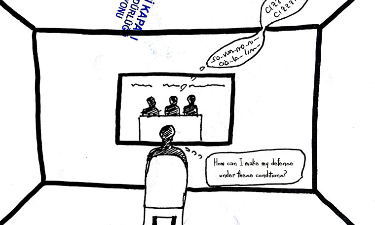 SEGBİS drawing by a revolutionary prisoner showing the irrationality of the SEGBİS system depicting a prisoner and in a video link room, and the court on the small screen.